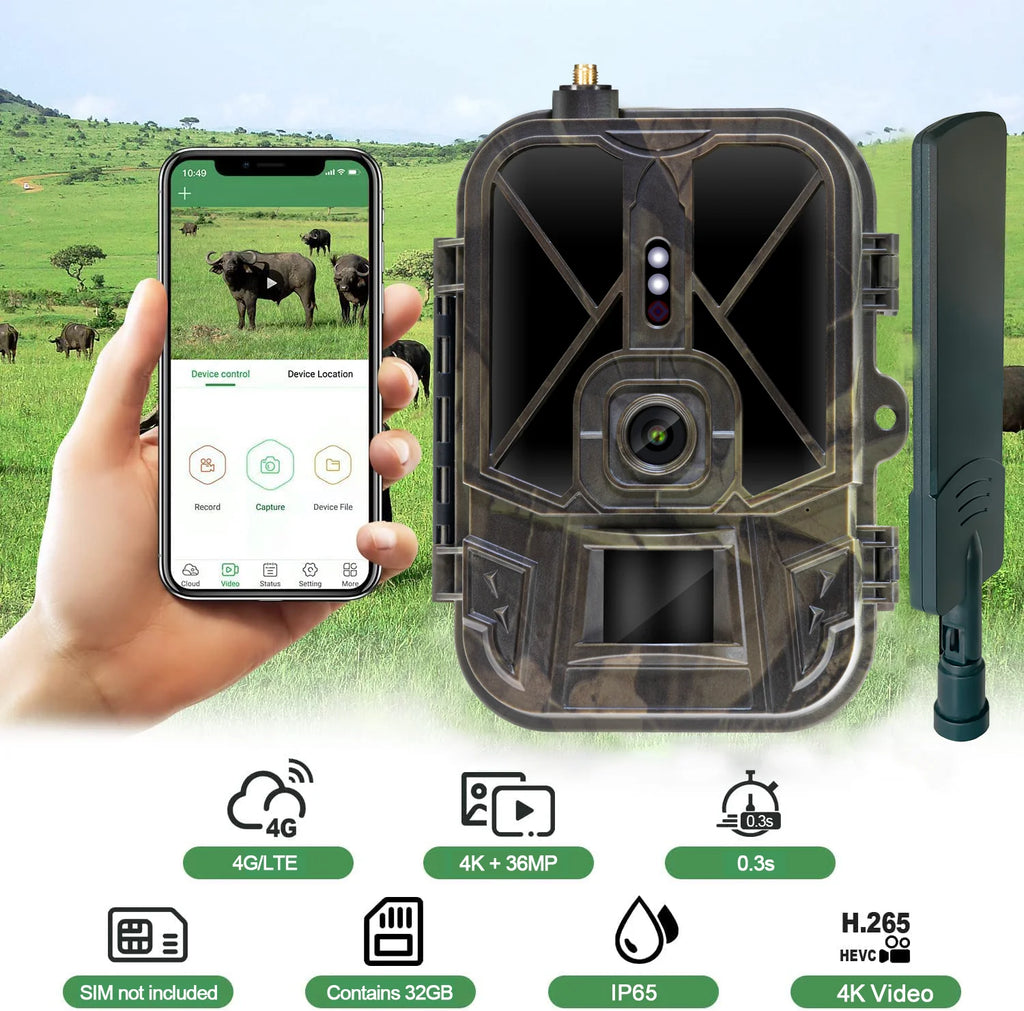 Cellular Trail Camera 36MP 4K with 8000mAh Battery No Glow LED Game Camera F983