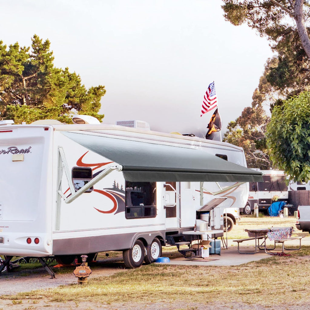 White Motorized Retractable RV Awning Full Set Assemblies 12x8 Ft Black Fade F75211