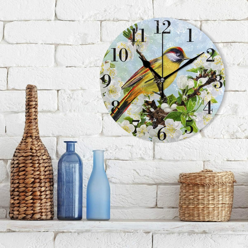 Yellow Bird Cherry Blossoms 9.8 Inch Silent Round Wall Clock W9769