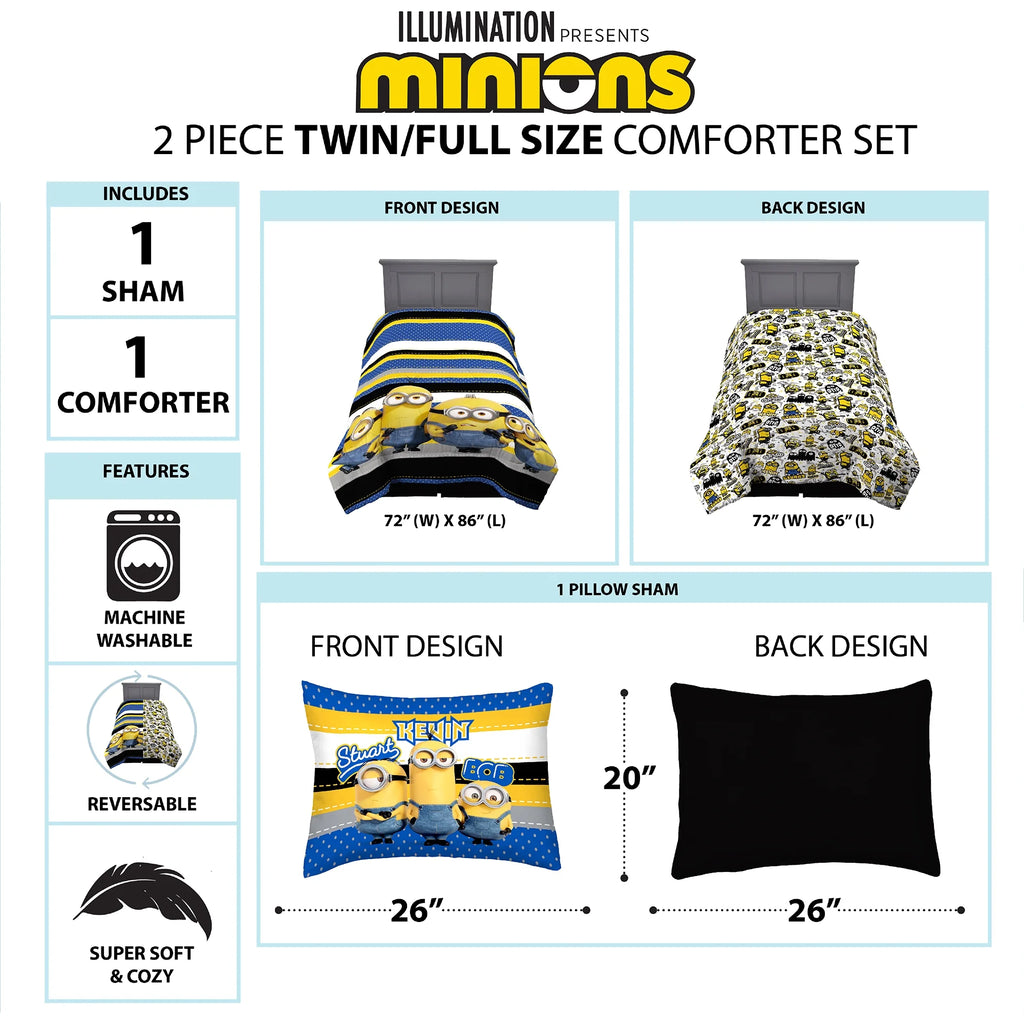 Reversible Blue and Yellow Kids Comforter and Sham Set H237