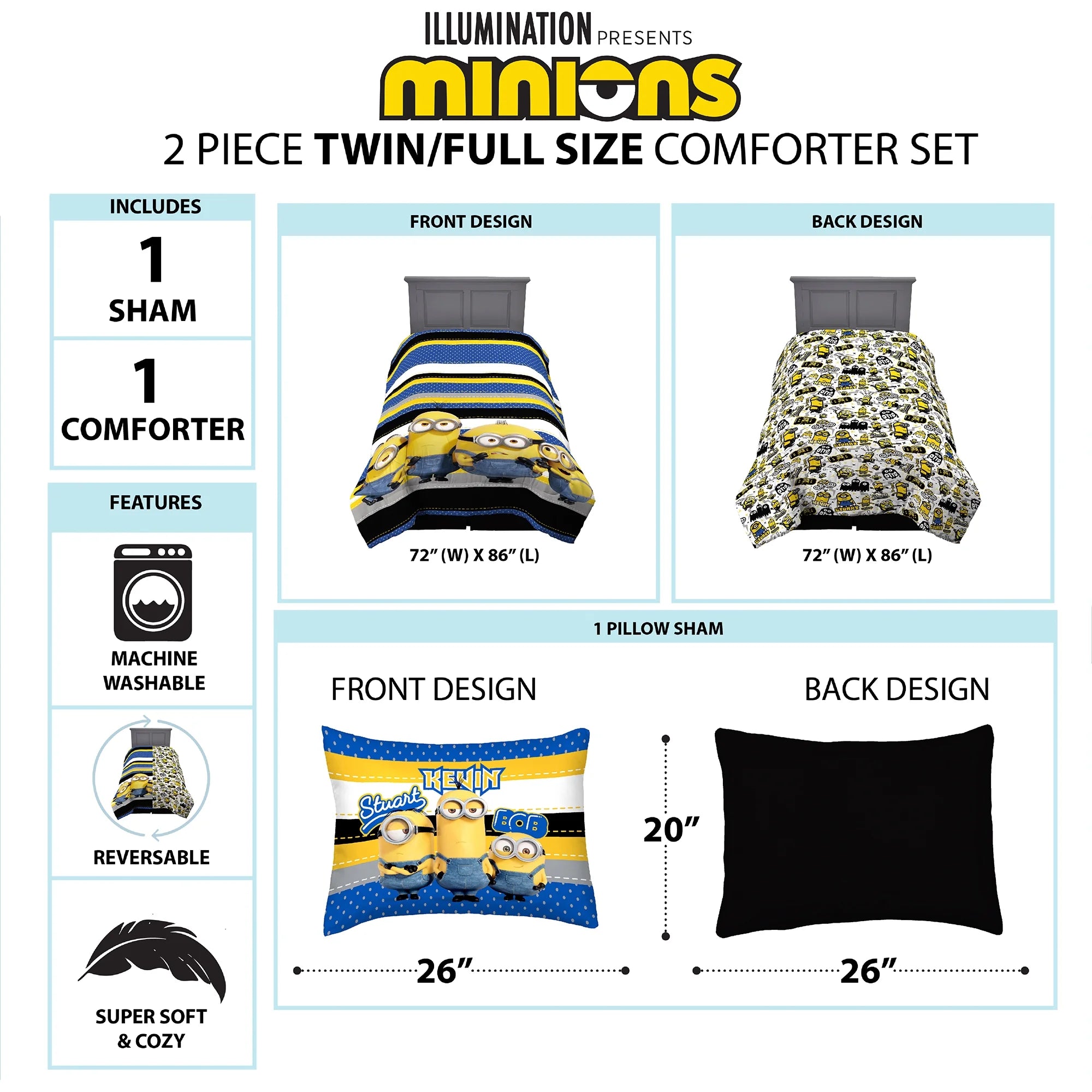 Reversible Blue and Yellow Kids Comforter and Sham Set H237