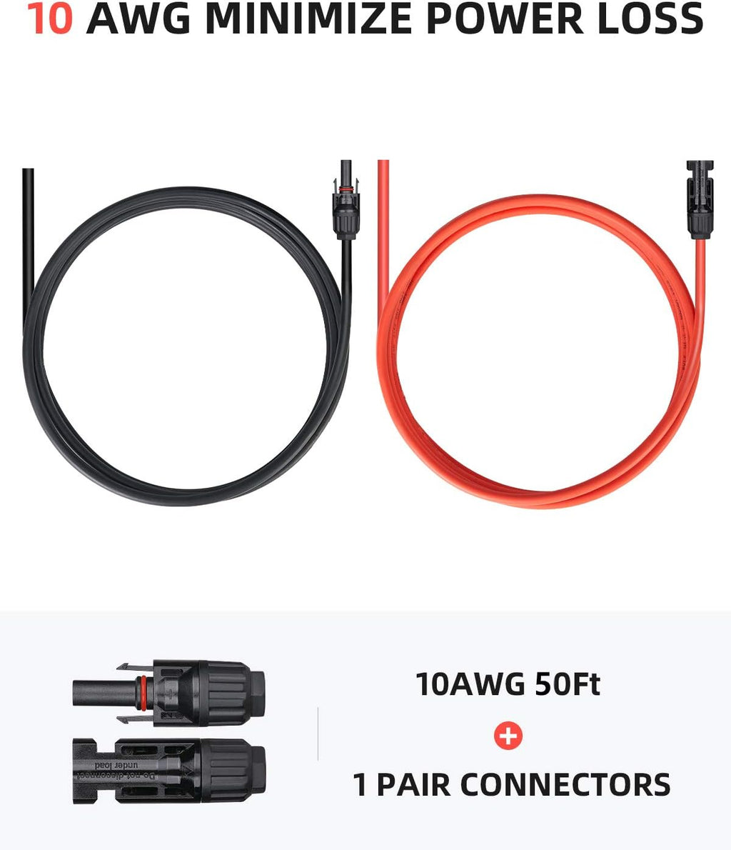 50 Feet 10AWG Solar Extension Cable with Female and Male Connector, Red and Black F4907