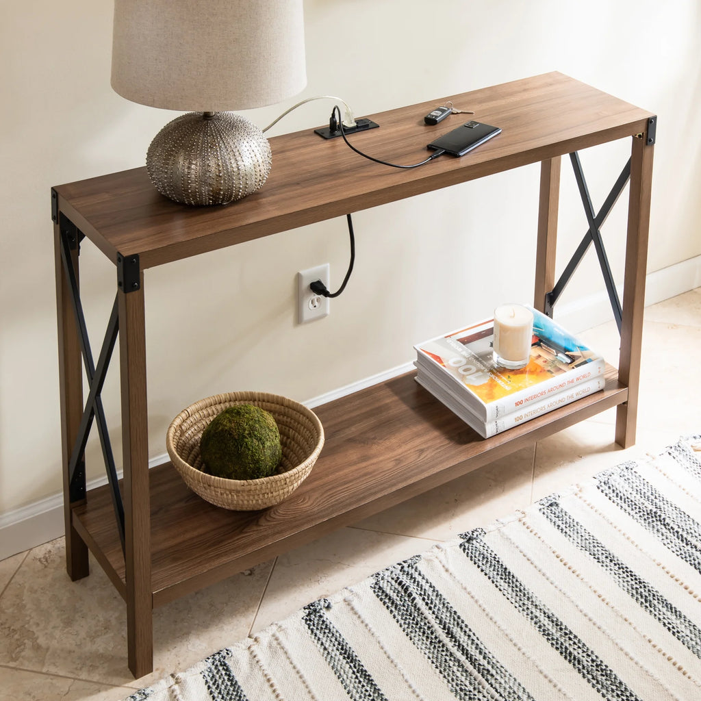 Walnut Wood Console Table with AC Power and USB Charging Ports N8943