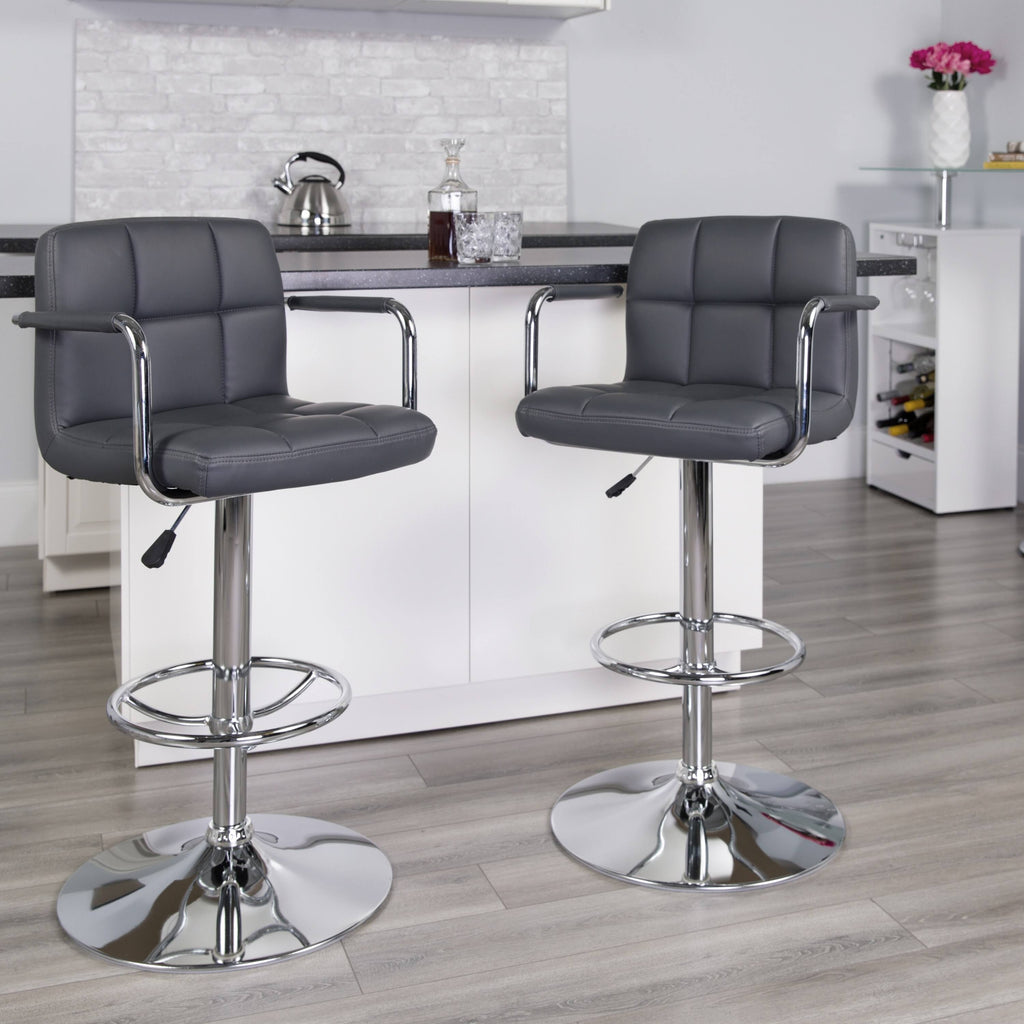 Gray Quilted Vinyl Adjustable Height Barstool with Arms and Chrome Base W275
