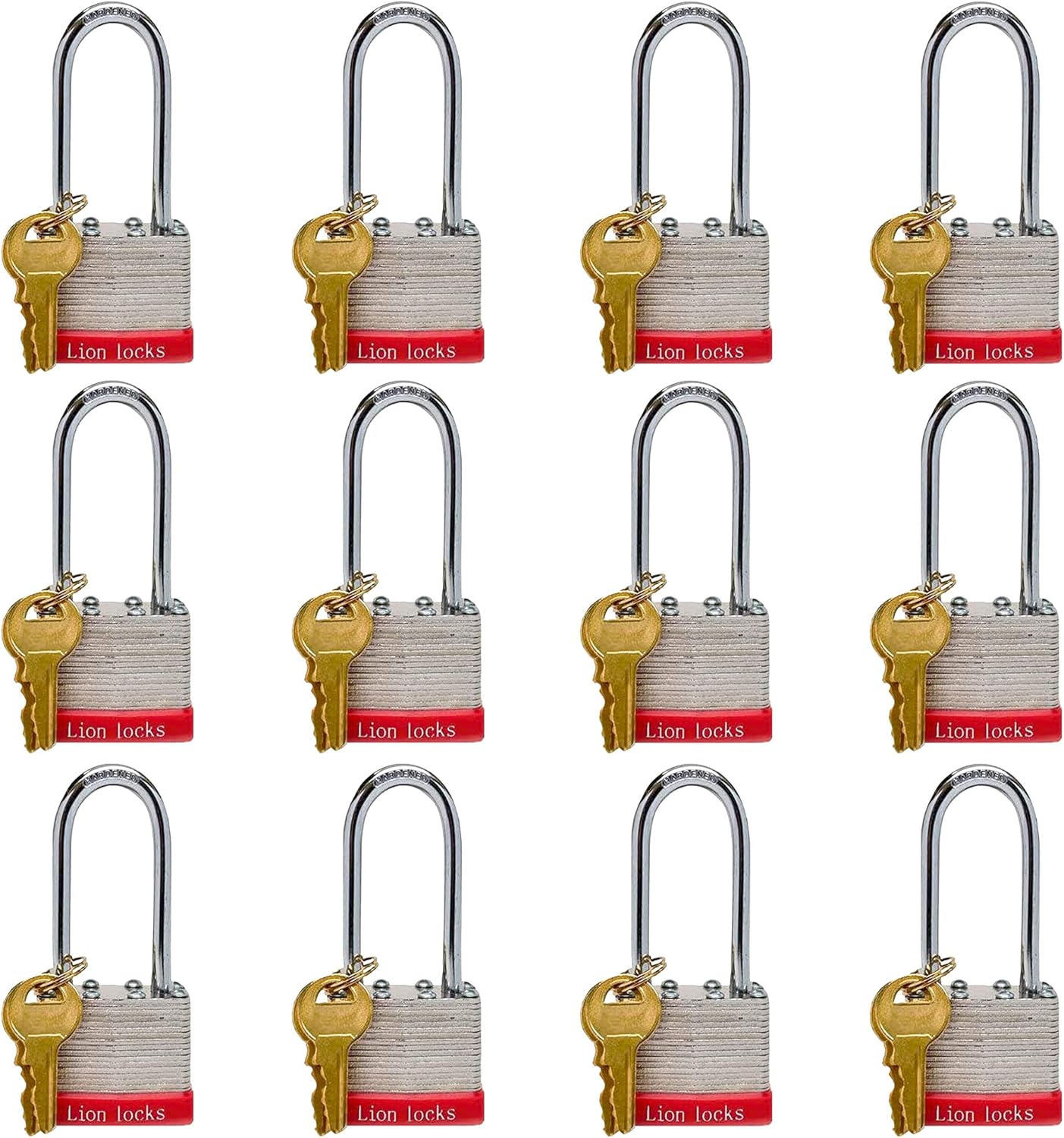 24 Keyed-Alike Padlocks with Long Shackle, 48 Keys, Hardened Steel Case, Brass Pin Cylinder R336543