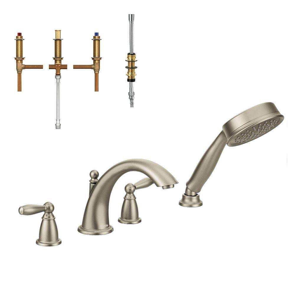 2-Handle Deck-Mount Roman Tub Faucet with Handshower in Brushed Nickel U780396