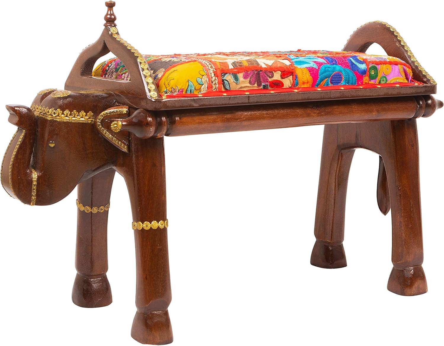 Hand Carved Wooden Elephant Side Table with Brass Accents F22020
