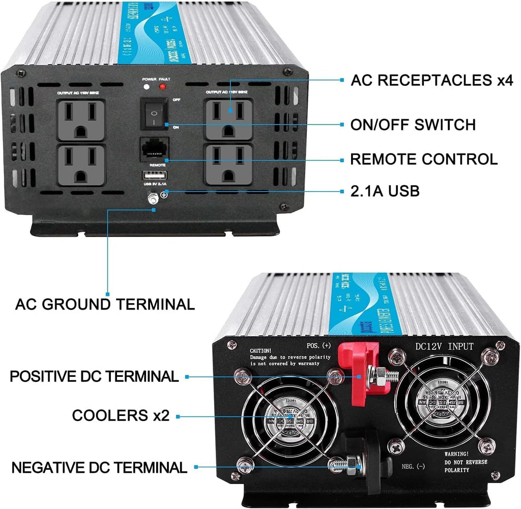 1500 Watt Pure Sine Wave Power Inverter 12V DC to 110V AC with LCD Display USB Port 4 AC Outlets G1945