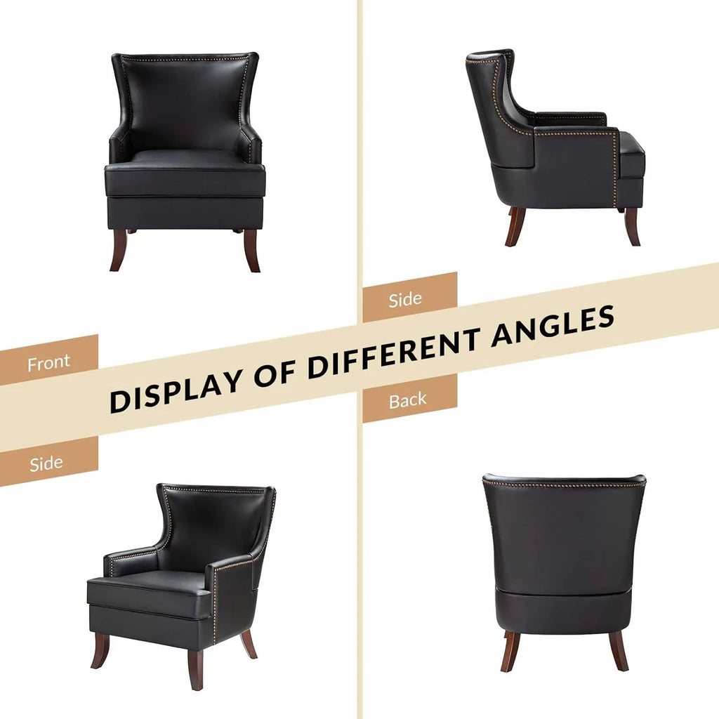 Black Faux Leather Wingback Accent Chair with Nailhead Trim K329