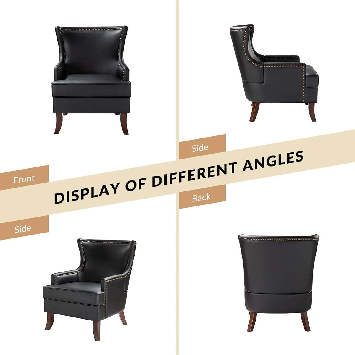 Black Faux Leather Wingback Accent Chair with Nailhead Trim K329