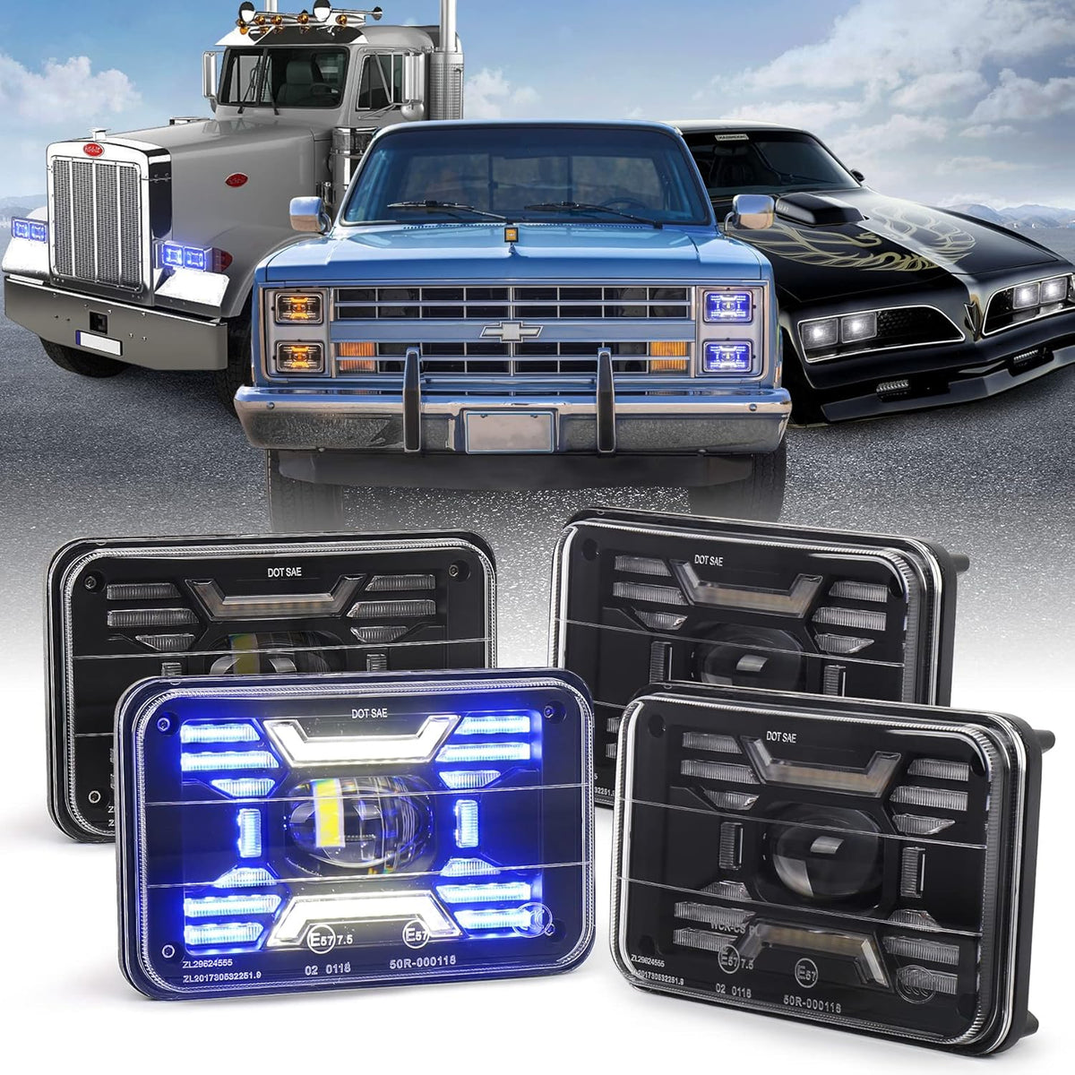 4x6 inch LED Headlights with White Blue DRL Amber Turn Signal E184144