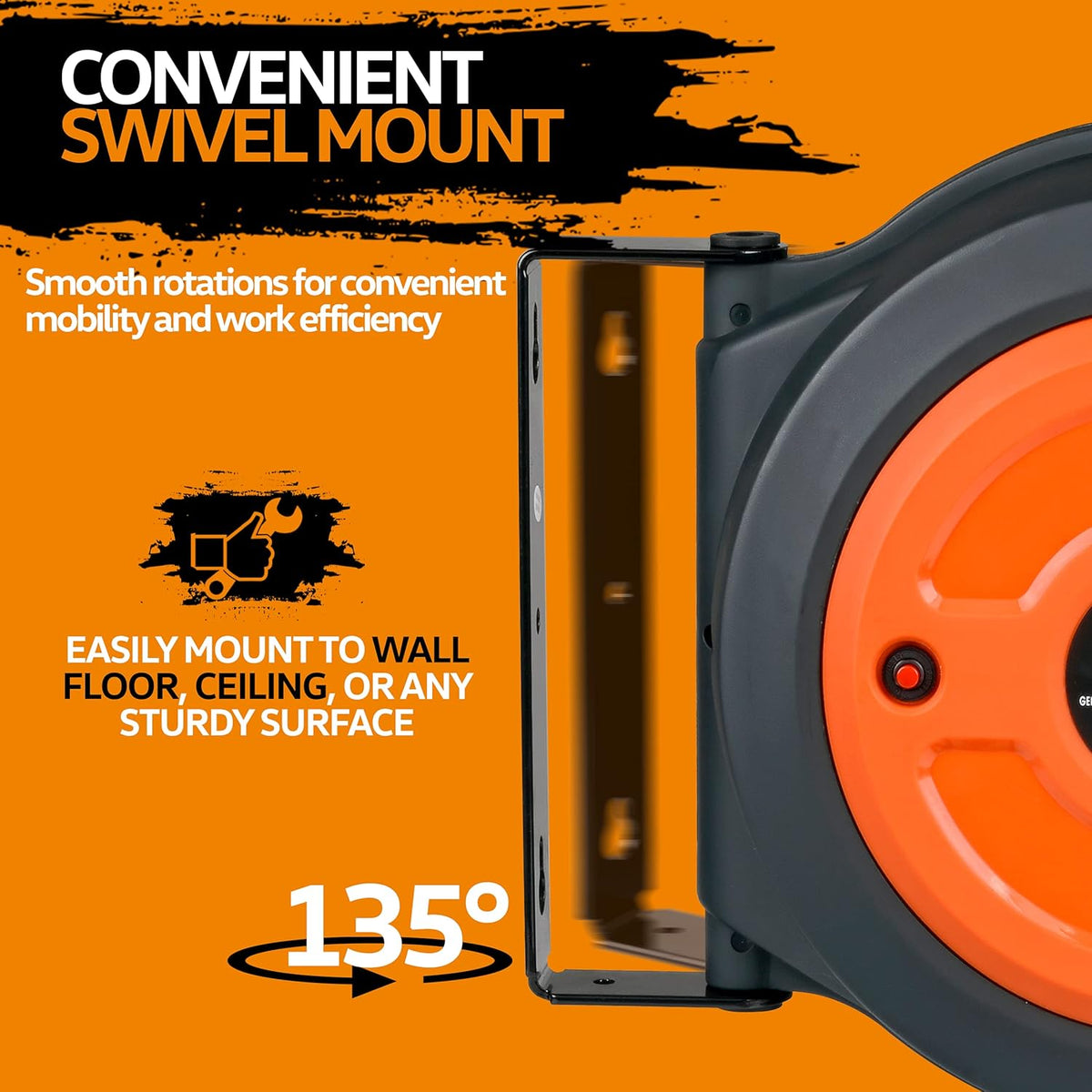Retractable Extension Cord Reel 16AWG x 50' Feet Industrial Polypropylene Ultra Heavy Duty 3C SJTOW Commercial Ultra Flexible Cable Triple Tap Connector R339284