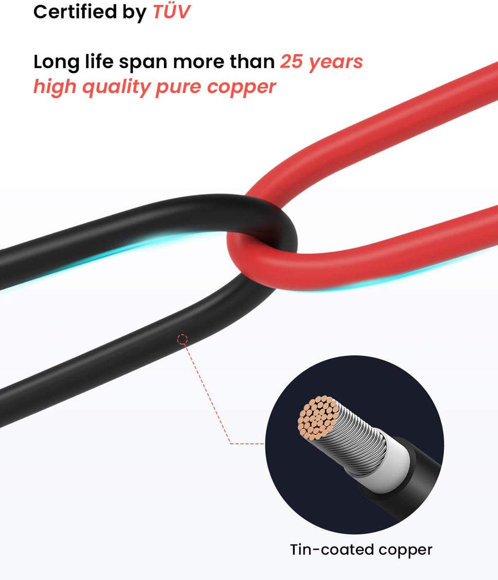 50 Feet 10AWG Solar Extension Cable with Female and Male Connector, Red and Black F4907