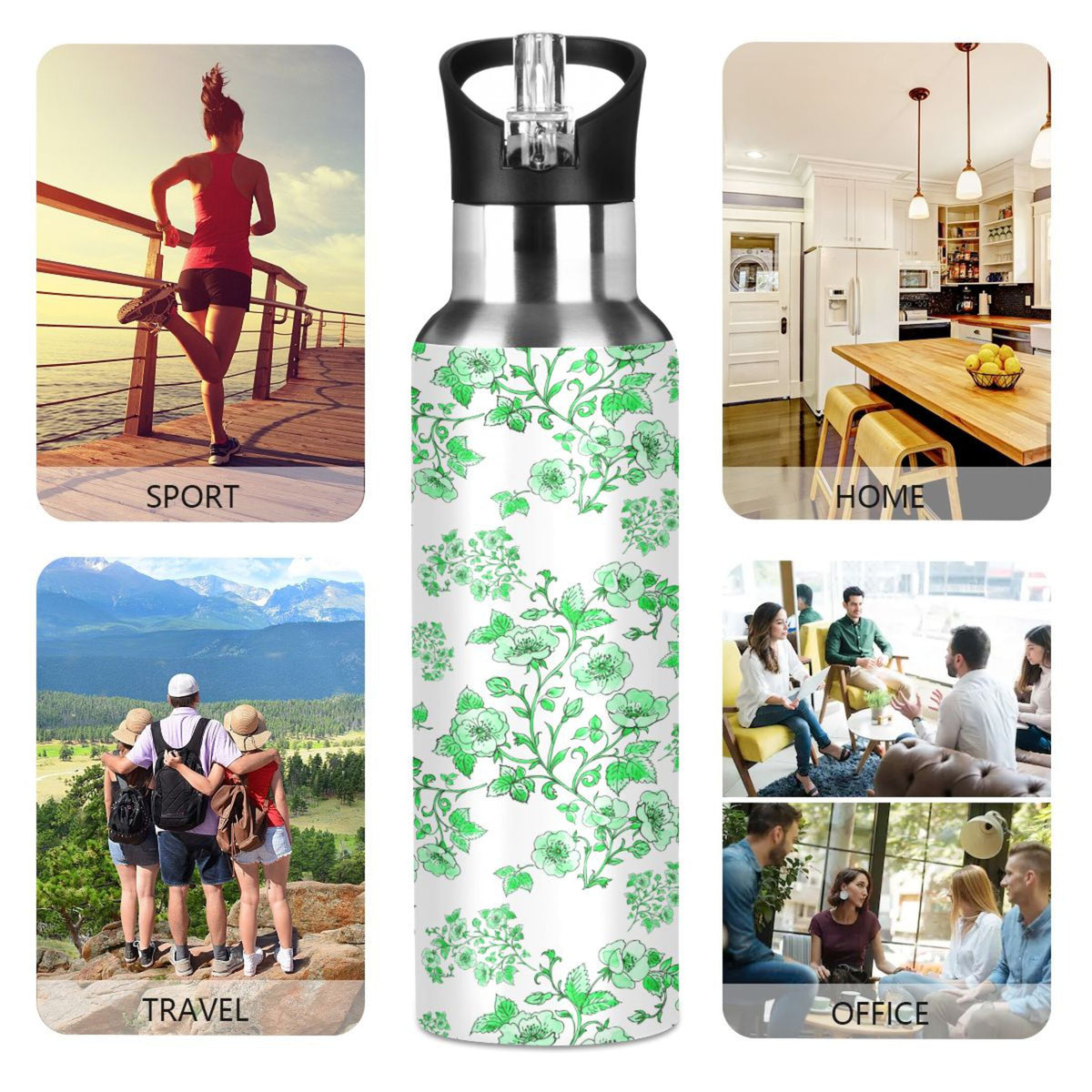Green Peony Floral Stainless Steel Insulated Water Bottle with Straw Lid U6597