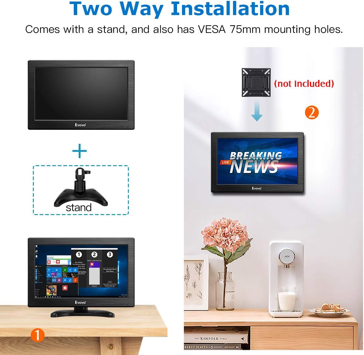 12" TFT LCD Monitor with AV HDMI BNC VGA Input 1366x768 Portable HD Display with Built-in Speaker D504